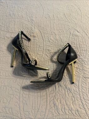 Jennifer Lopez Black Stiletto Sandals with Gold Accents